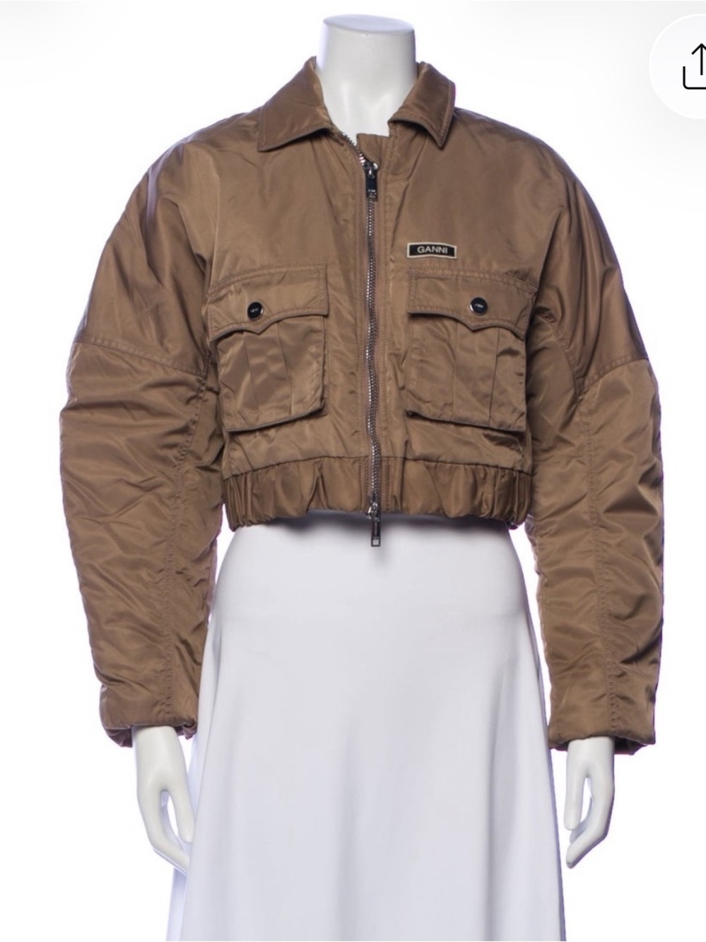 Ganni Cropped Tan Utility Bomber Jacket